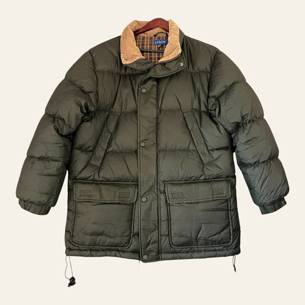 J.Crew w FLAW Goose Down Barn Puffer Jkt VTG Mens Sz M Olive Corduroy Collar